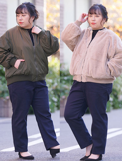シンプルなモノトーンコーデにカーキのジャケットを羽織る女性と、リバーシブルジャケットを裏返してファーブルゾンを羽織る同じ女性