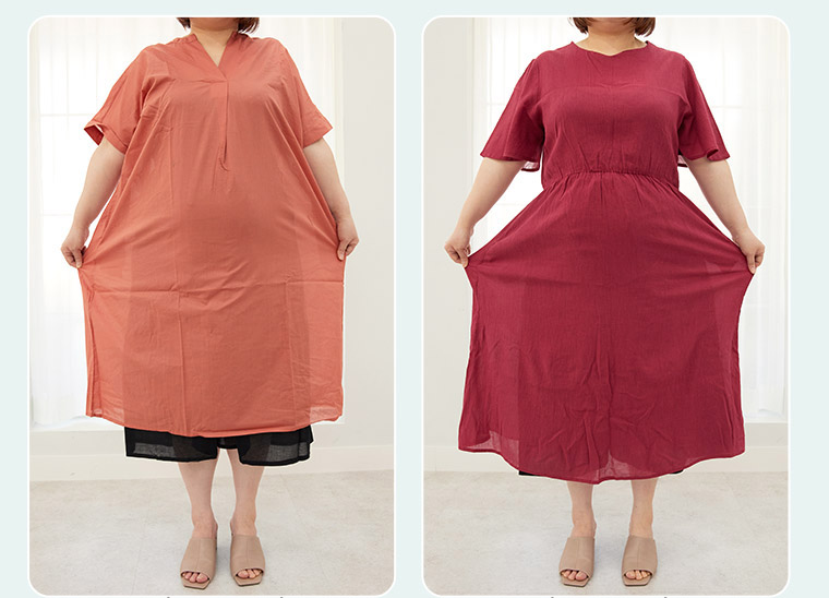 左が「風通る」シリーズ、右が「風通るプレミアム」シリーズのワンピースを着用
