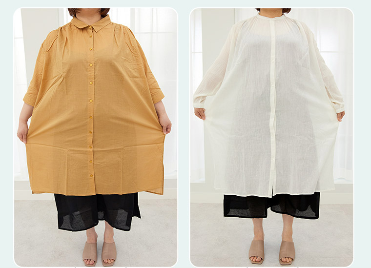 左が「風通る」シリーズ、右が「風通るプレミアム」シリーズのシャツチュニックを着用