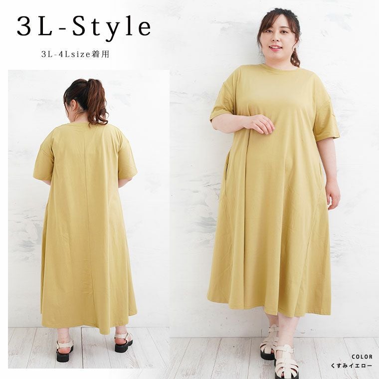 大きいサイズ 【USAコットン180g】Aライン フレアワンピース 太もも
