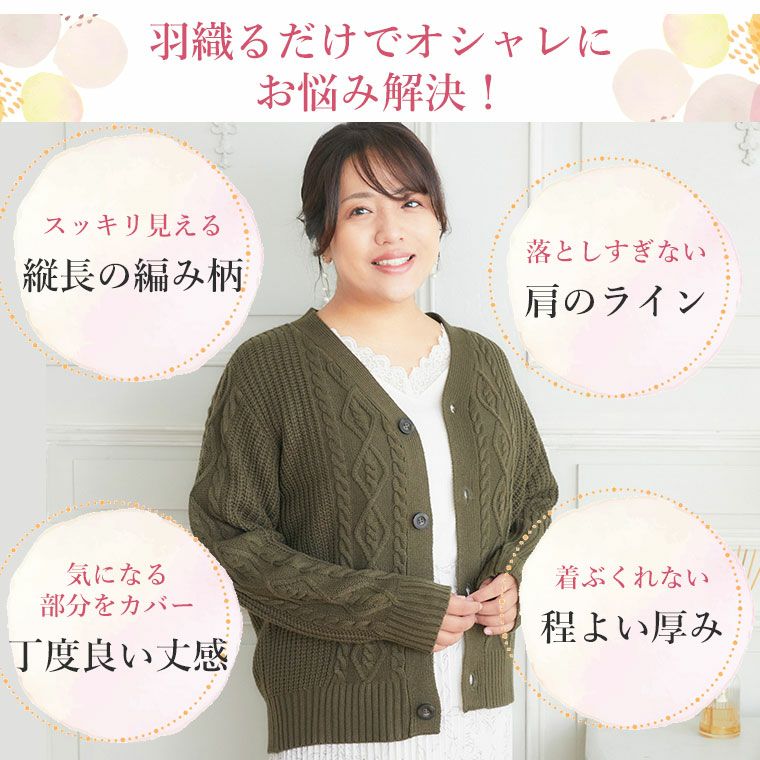 大きいサイズ 【Hinaさんコラボ】 ケーブル柄 ニットカーディガン