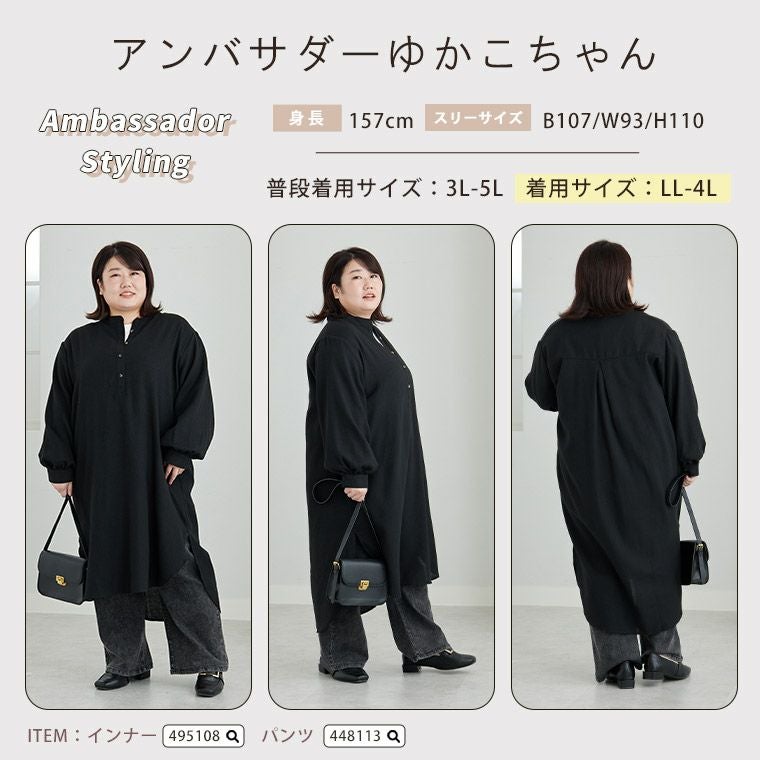 大きいサイズ フランネル チェック バンドカラー 裾ラウンド