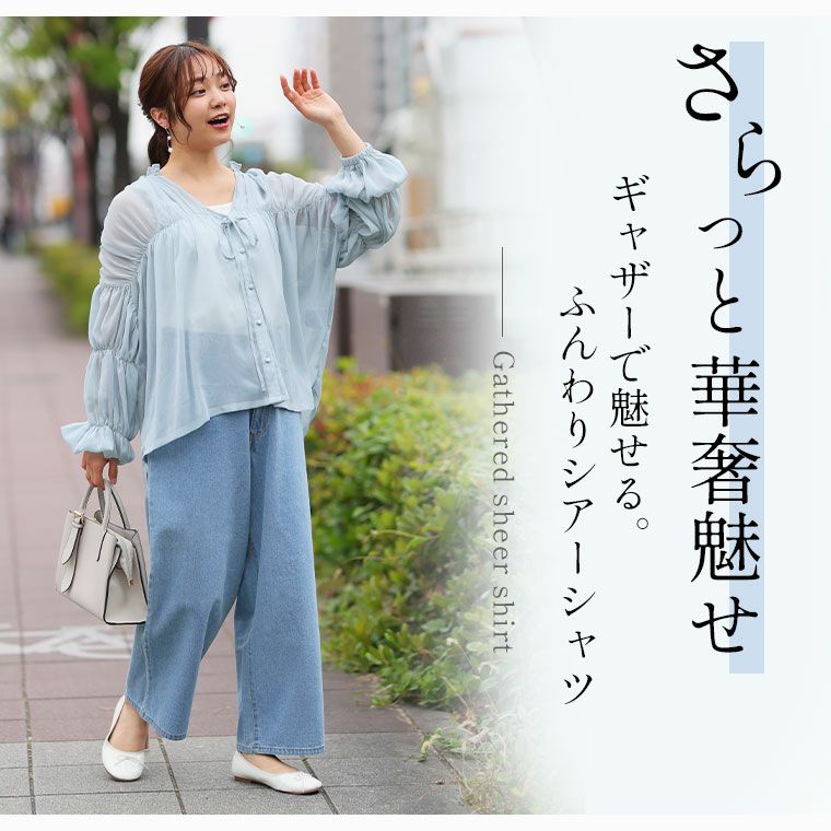 大きいサイズ 涼やか美人! ギャザーシフォン 楊柳ブラウス シアー 体型