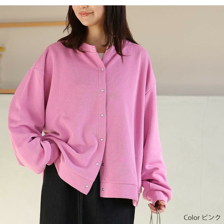大きいサイズ スナップボタン ダブルフェイス クルーネック ニット