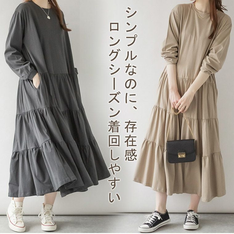 大きいサイズ 【取】 ロング ティアード カット ワンピース 綿100