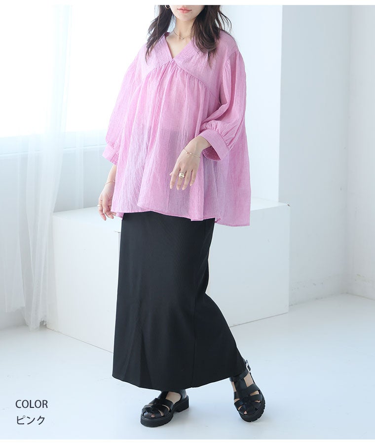 大きいサイズ 柔らか綿混ガーゼ Vネック ギャザー チュニック | 大きい