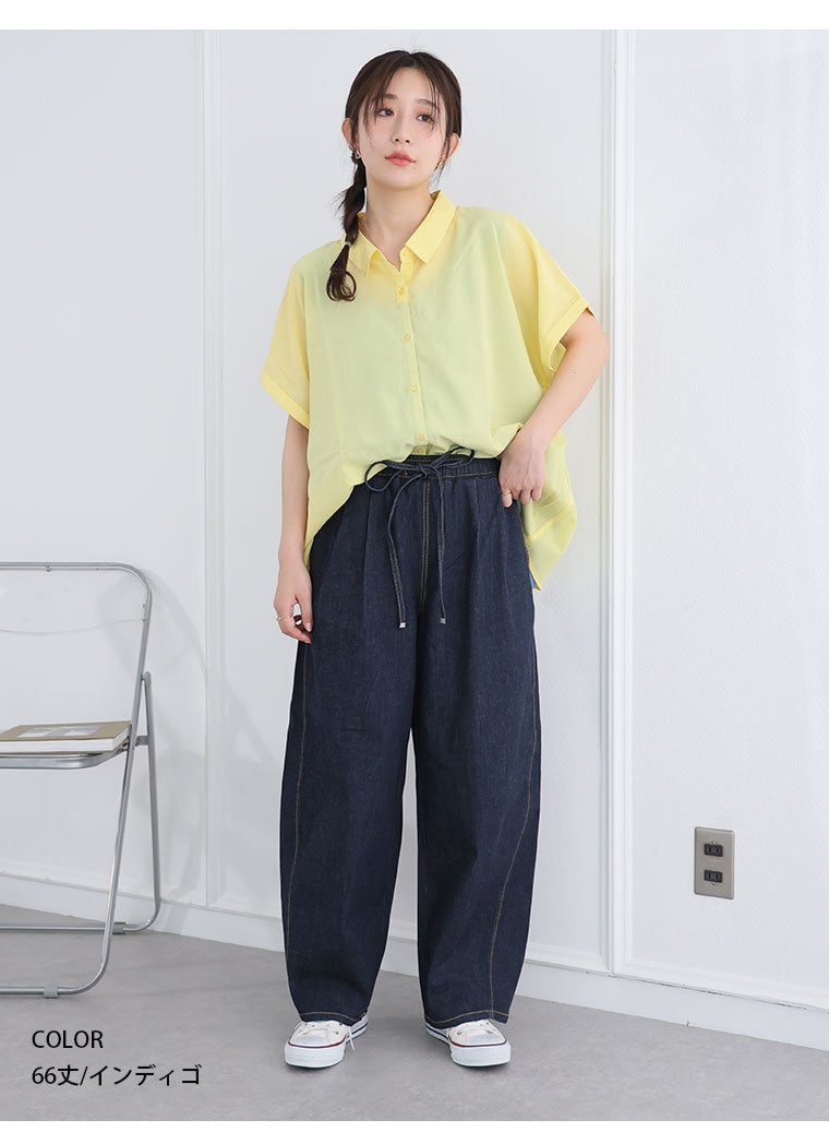 大きいサイズ サラ夏デニム 綿麻ストレッチ バレルレッグパンツ