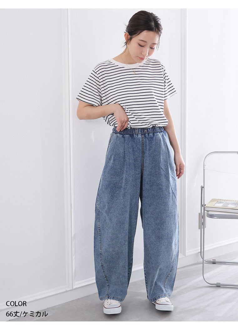大きいサイズ サラ夏デニム 綿麻ストレッチ バレルレッグパンツ