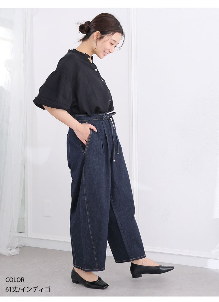 大きいサイズ サラ夏デニム 綿麻ストレッチ バレルレッグパンツ