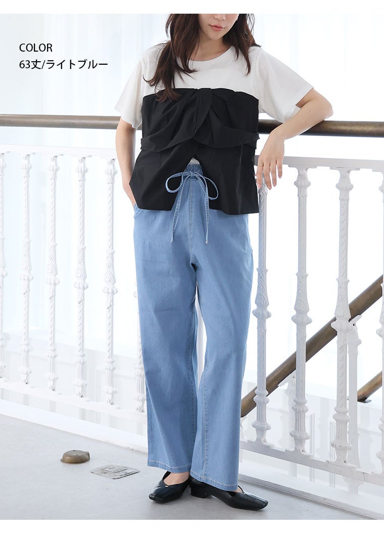 大きいサイズ サラ夏デニム 綿麻ストレッチ ゆるストレートパンツ